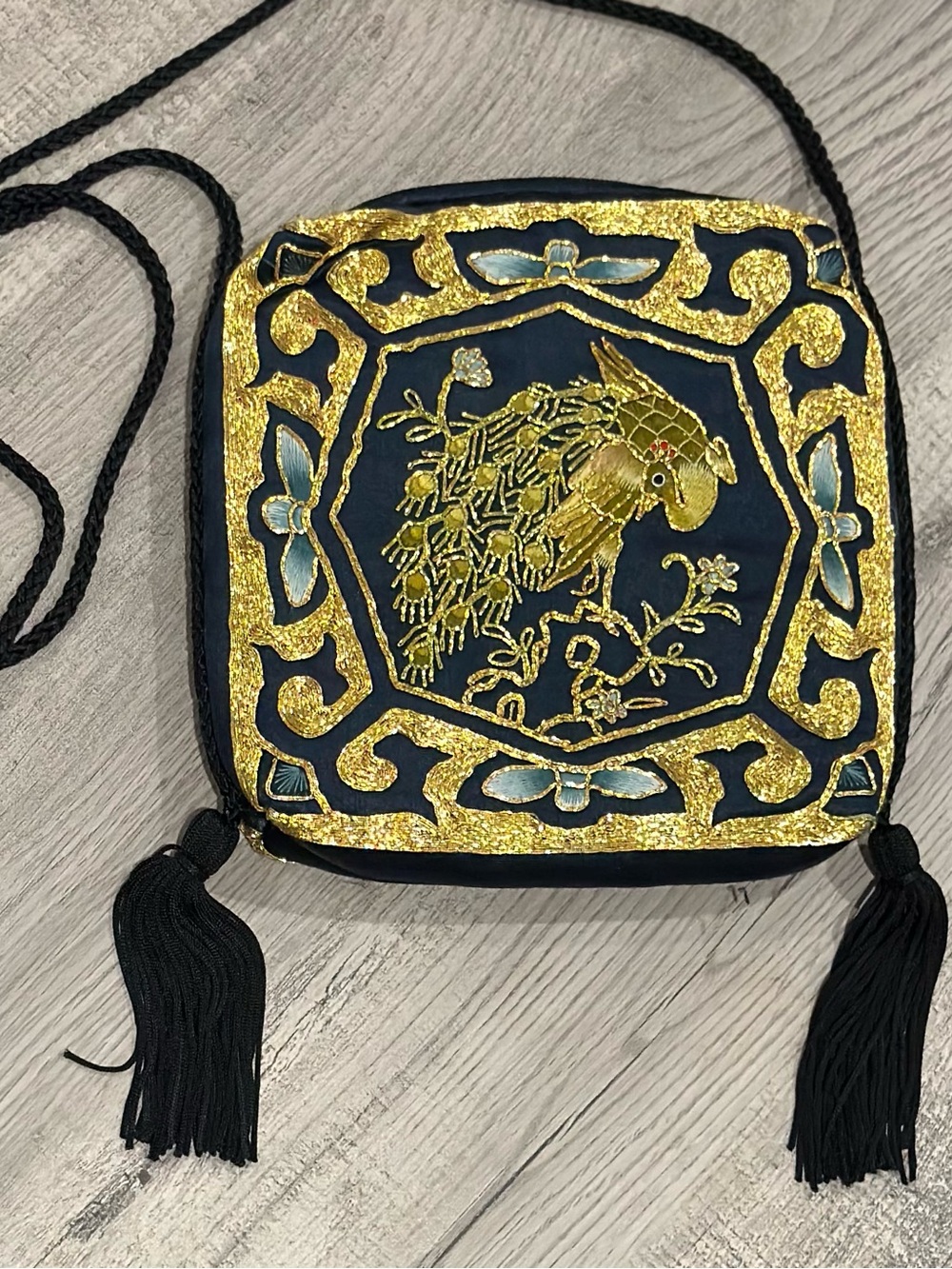 Vintage Jaipur Gold And Navy Embroidered Peacock Silk Evening Shoulder Bag